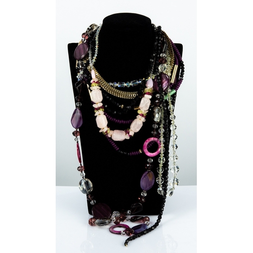160 - TWO SIMULATED JET NECKLACES; NECKLACE, of graduated crystal beads; NECKLACE with large chunky quartz... 