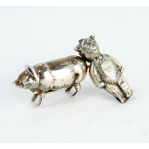 176 - FOREIGN SILVER COLOURED METAL PIG PATTERN NOVELTY VESTA CASE, with hinged head, and a MINIATURE SILV... 