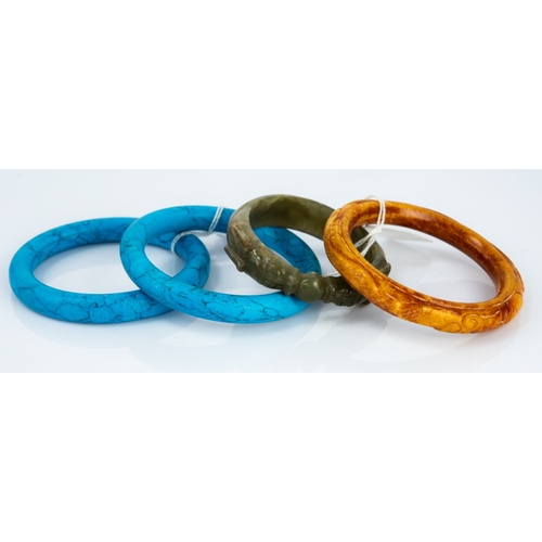 153 - PAIR OF TURQUOISE AND BLACK WEBBED HARDSTONE CIRCULAR BANGLES; ORIENTAL MOTTLED GREEN JADE BANGLE ca... 