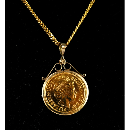 57 - 9ct GOLD CHAIN NECKLACE with trigger clasp and a GOLD LOOSE FRAMED ELIZABETH II 2002 GOLD HALF SOVER...