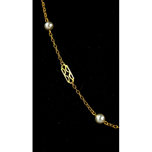56 - 9ct GOLD FANCY LINK CHAIN NECKLACE set with imitation pearls, ring clasp, 3.2gms...