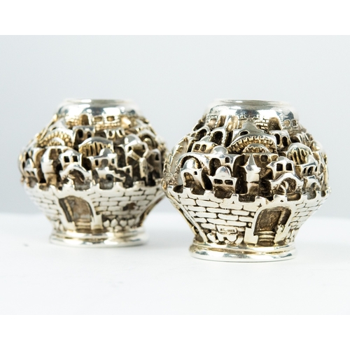 170 - PAIR OF ‘JERUSALEM’ SILVER COLOURED METAL OVERLAID MOULDED COMPOSITION GLOBULAR CANDLE HOLDERS, 1 ¾”... 