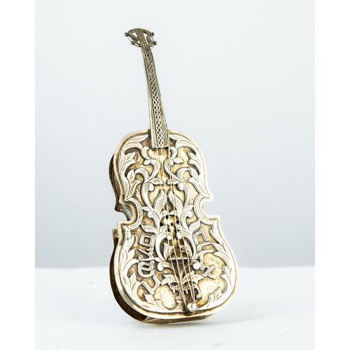 169 - EMBOSSED STERLING SILVER PRESENTATION MODEL OF A CLASSICAL CELLO, with ornate floral front and hinge... 