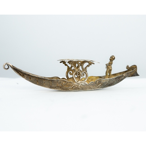 168 - FOREIGN EMBOSSED SILVER COLOURED METAL (930 STANDARD) MINIATURE MODEL OF A GONDOLA WITH A GONDOLIER,... 