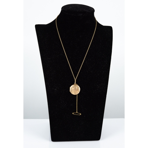 140A - GOLD COLOURED METAL CIRCULAR LOCKET PENDANT, all-over foliate scroll engraved, 4.9gms, and a gold-pl... 