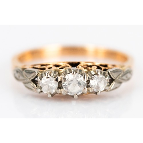 99B - 9ct GOLD RING set with three white stones, 2.6gms, ring size 'O/P'