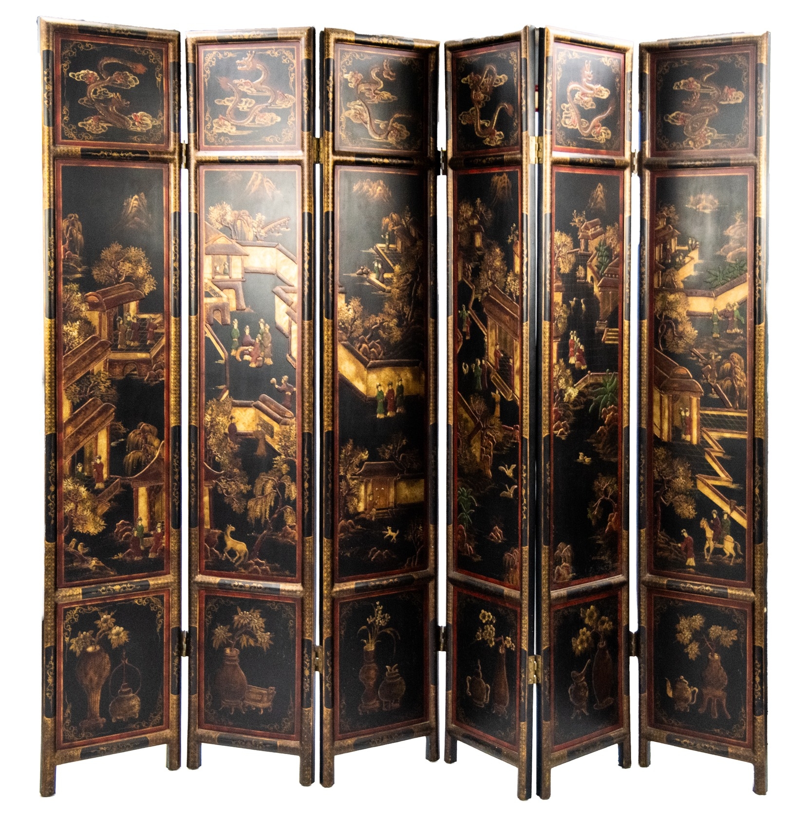 CHINESE HAND PAINTED AND BLACK LACQUERED SIX FOLD SCREEN, of typical ...