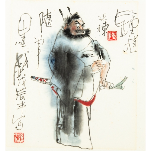73 - FOUR SMALL CHINESE INK AND WATERCOLOUR ON PAPER DRAWINGS, of male deities, each with calligraphy and... 