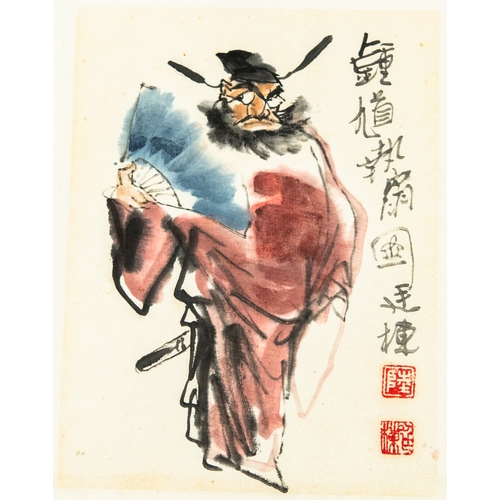 73 - FOUR SMALL CHINESE INK AND WATERCOLOUR ON PAPER DRAWINGS, of male deities, each with calligraphy and... 