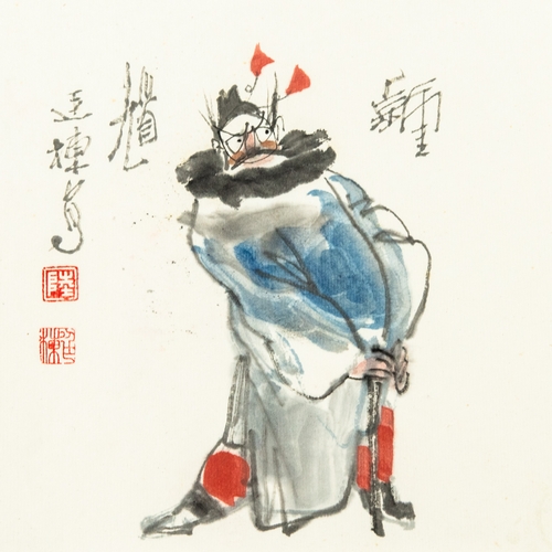 73 - FOUR SMALL CHINESE INK AND WATERCOLOUR ON PAPER DRAWINGS, of male deities, each with calligraphy and... 