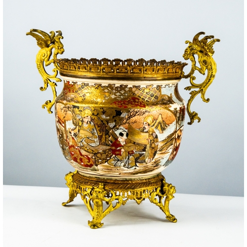 61 - JAPANESE MEIJI PERIOD GILT METAL MOUNTED SATSUMA POTTERY JARDINIERE, of typical form, the ornate mou... 