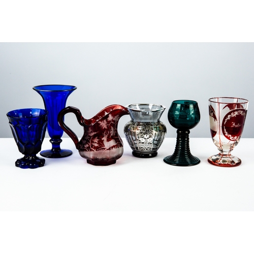 78 - SIX SMALL PIECES OF VICTORIAN AND LATER GLASS, including: RUBY STAINED JUG, wheel cut with a dog cha... 