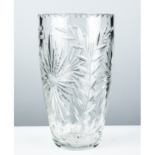 93 - GOOD QUALITY HEAVY CUT GLASS FLOWER VASE, wheel cut with sunbursts and vertical, leafy branches, 12”... 