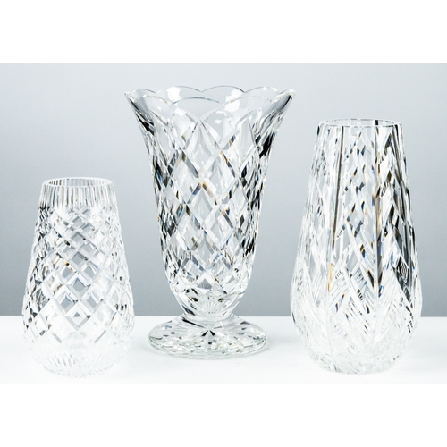 90 - THREE WATERFORD CUT GLASS FLOWER VASES, one of FOOTED, CAMPANA FORM, with scalloped rim, 10” (25.4cm... 