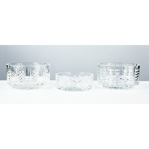 89 - THREE WATERFORD CUT GLASS STRAIGHT SIDED BOWLS, 3 ¾” (9.5cm) high x 7” (17.8cm) diameter, and smalle... 