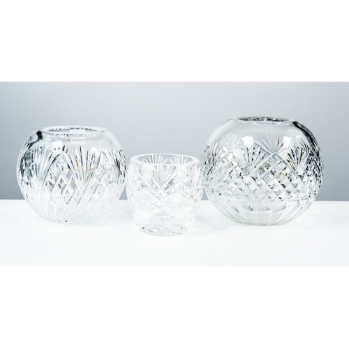 88 - TYRONE, IRISH CUT GLASS ORBICULAR VASE, 5 ½” (14cm) high, together with ANOTHER, LARGER, and a SIMIL... 