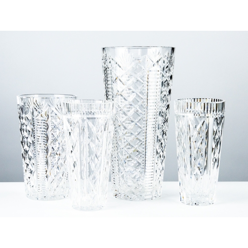 84 - FOUR WATERFORD CUT GLASS FLOWER VASES, comprising a GRADUATED PAIR, slightly flared, 12” and 8” (30.... 
