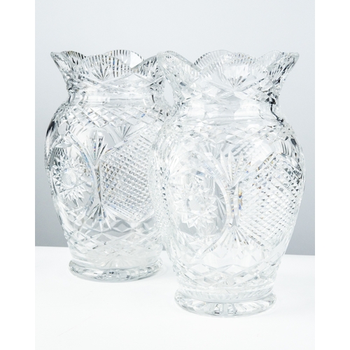 80 - PAIR OF CAVAN, IRISH CUT GLASS LARGE VASES, each of ovular form with scalloped rims to the flared ne... 