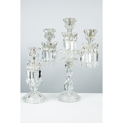75 - POST 1936 BACCARAT, FRANCE PRESSED GLASS TWIN-BRANCH TRIPLE-LIGHT CANDELABRUM with FACET-CUT DROPS, ... 