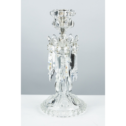 75 - POST 1936 BACCARAT, FRANCE PRESSED GLASS TWIN-BRANCH TRIPLE-LIGHT CANDELABRUM with FACET-CUT DROPS, ... 
