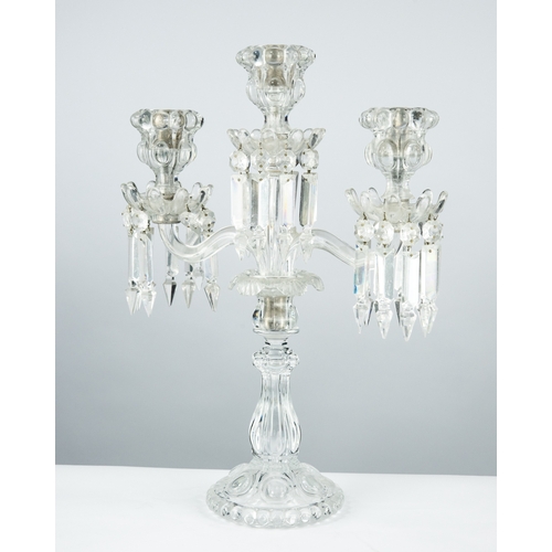 75 - POST 1936 BACCARAT, FRANCE PRESSED GLASS TWIN-BRANCH TRIPLE-LIGHT CANDELABRUM with FACET-CUT DROPS, ... 