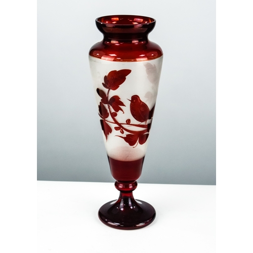 102 - BOHEMIAN FROSTED AND RUBY STAINED GLASS VASE decorated with a bird on a foliate bough, 11 ¾” high (3... 