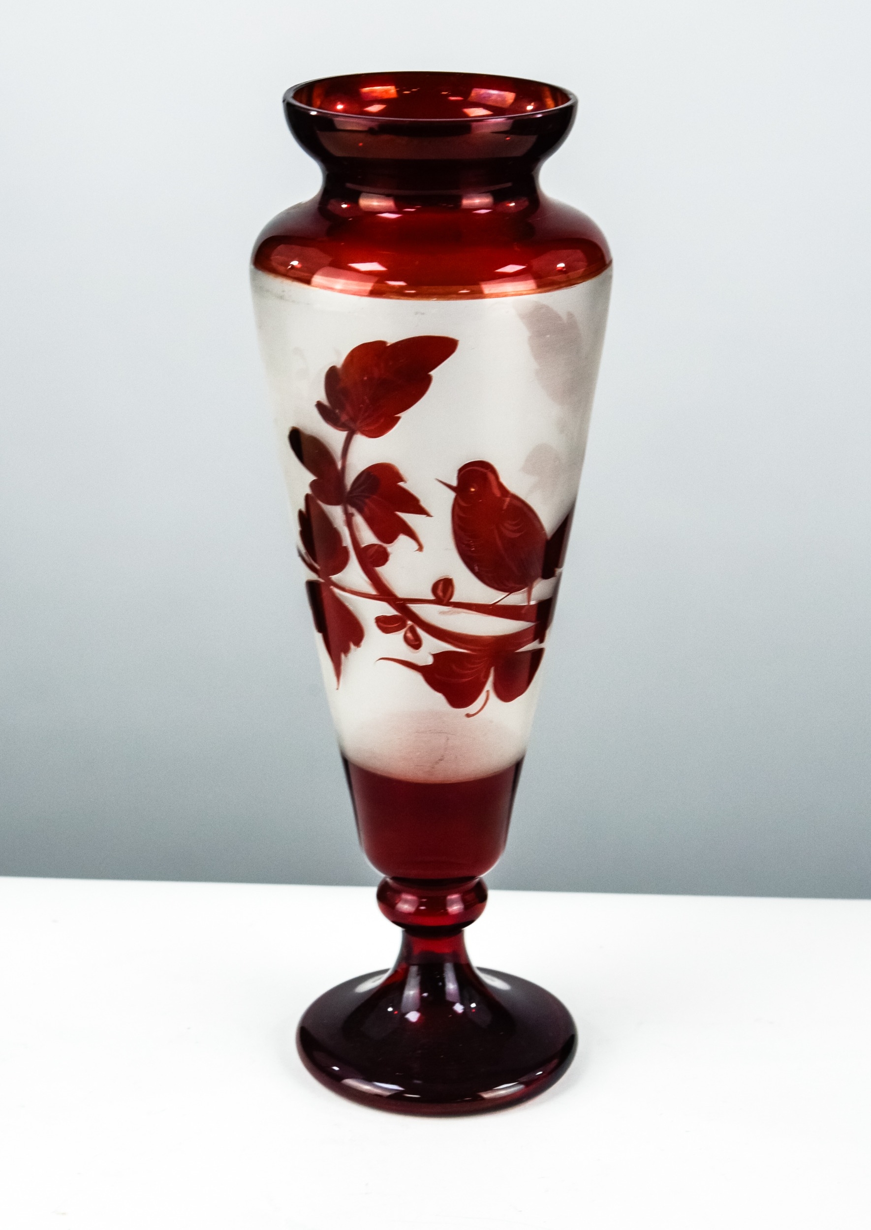 BOHEMIAN FROSTED AND RUBY STAINED GLASS VASE decorated with a bird on a ...