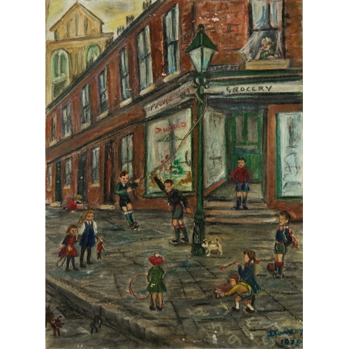 J CONSEY OIL PAINTING ON BOARD Northern street scene with children ...