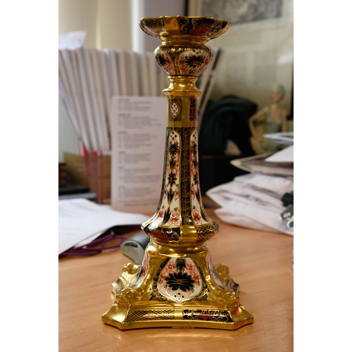 152 - PAIR OF TALL ROYAL CROWN DERBY IMARI PATTERN CHINA CANDLESTICKS, red printed marks, date code XXXII,... 