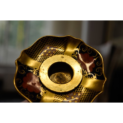 152 - PAIR OF TALL ROYAL CROWN DERBY IMARI PATTERN CHINA CANDLESTICKS, red printed marks, date code XXXII,... 