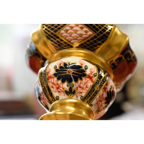 152 - PAIR OF TALL ROYAL CROWN DERBY IMARI PATTERN CHINA CANDLESTICKS, red printed marks, date code XXXII,... 