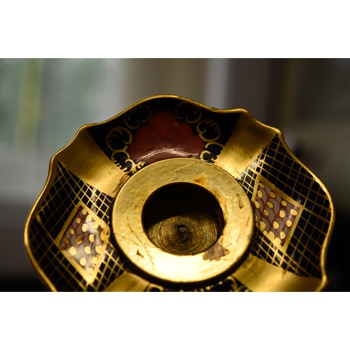 152 - PAIR OF TALL ROYAL CROWN DERBY IMARI PATTERN CHINA CANDLESTICKS, red printed marks, date code XXXII,... 