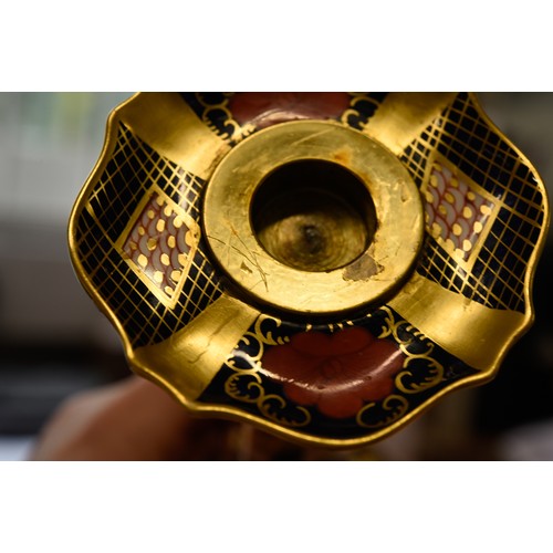 152 - PAIR OF TALL ROYAL CROWN DERBY IMARI PATTERN CHINA CANDLESTICKS, red printed marks, date code XXXII,... 