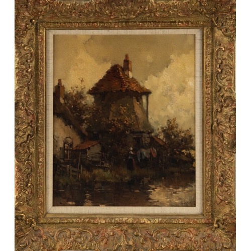 175 - HERMANUS WILLEM KOEKKOEK (1867-1929)OIL ON RELINED CANVAS Dutch riverscape with maid hanging out was... 