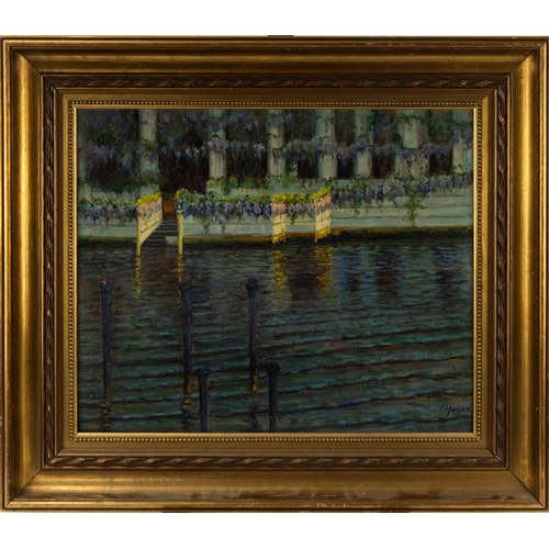 178 - E HOYER (TWENTIETH CENTURY) OIL ON BOARDVenetian canal side palaceSigned 18” x 21 ½” (45.7cm x 54.6c... 