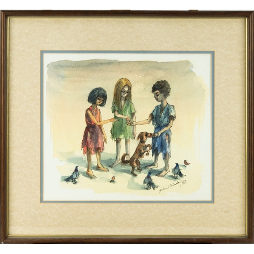 195 - ALBIN TROWSKI (1919-2012) SUITE OF THREE WATERCOLOURS Ragged figures feeding birds Signed 11” x 12 ½... 
