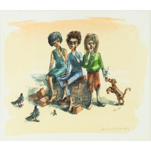 195 - ALBIN TROWSKI (1919-2012) SUITE OF THREE WATERCOLOURS Ragged figures feeding birds Signed 11” x 12 ½... 