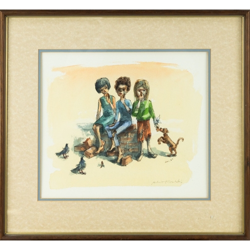 195 - ALBIN TROWSKI (1919-2012) SUITE OF THREE WATERCOLOURS Ragged figures feeding birds Signed 11” x 12 ½... 