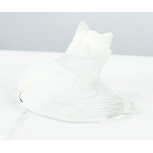 130 - MODERN LALIQUE FROSTED GLASS ‘HAPPY CAT’ MODEL, 3 ½” (8.9cm) long, etched mark and sticky label C/R-... 