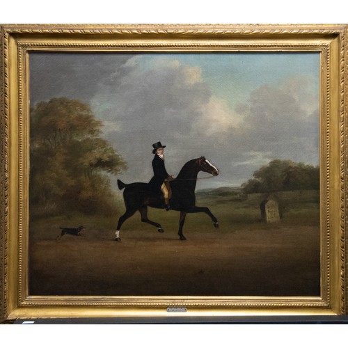 166B - JOHN NOST SARTORIUS (1759-1828)OIL ON RELINED CANVASMan on a bay horse riding with a terrier dog fol... 