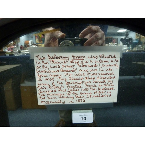 10 - LATE VICTORIAN CHEMIST SHOP DISPLAY CASE, the recessed arched top mirror inset section enamelled and... 