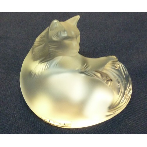 130 - MODERN LALIQUE FROSTED GLASS ‘HAPPY CAT’ MODEL, 3 ½” (8.9cm) long, etched mark and sticky label C/R-... 