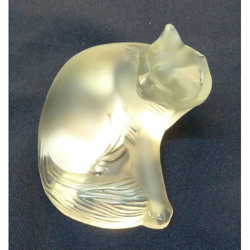 130 - MODERN LALIQUE FROSTED GLASS ‘HAPPY CAT’ MODEL, 3 ½” (8.9cm) long, etched mark and sticky label C/R-... 