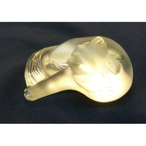 130 - MODERN LALIQUE FROSTED GLASS ‘HAPPY CAT’ MODEL, 3 ½” (8.9cm) long, etched mark and sticky label C/R-... 