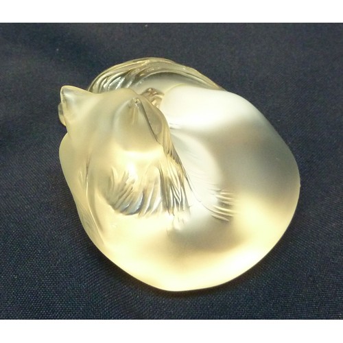 130 - MODERN LALIQUE FROSTED GLASS ‘HAPPY CAT’ MODEL, 3 ½” (8.9cm) long, etched mark and sticky label C/R-... 