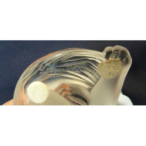 130 - MODERN LALIQUE FROSTED GLASS ‘HAPPY CAT’ MODEL, 3 ½” (8.9cm) long, etched mark and sticky label C/R-... 