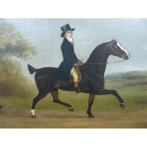 166B - JOHN NOST SARTORIUS (1759-1828)OIL ON RELINED CANVASMan on a bay horse riding with a terrier dog fol... 