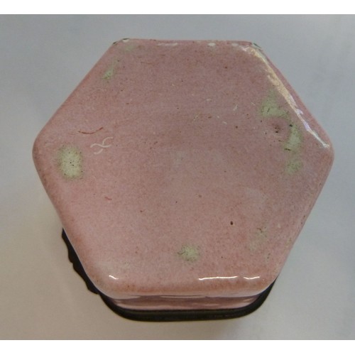 16 - 18TH CENTURY HEXAGONAL ENAMEL PILL BOX inscribed with a black on white sentiment 