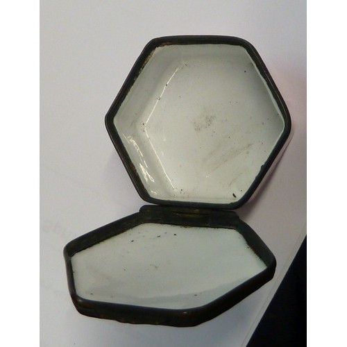 16 - 18TH CENTURY HEXAGONAL ENAMEL PILL BOX inscribed with a black on white sentiment 