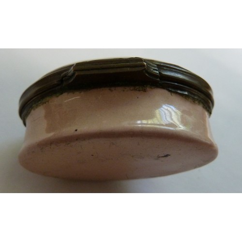 27 - 18TH CENTURY OVAL ENAMEL PATCH BOX painted in colours with flowers between laurel and fern fronds, o... 